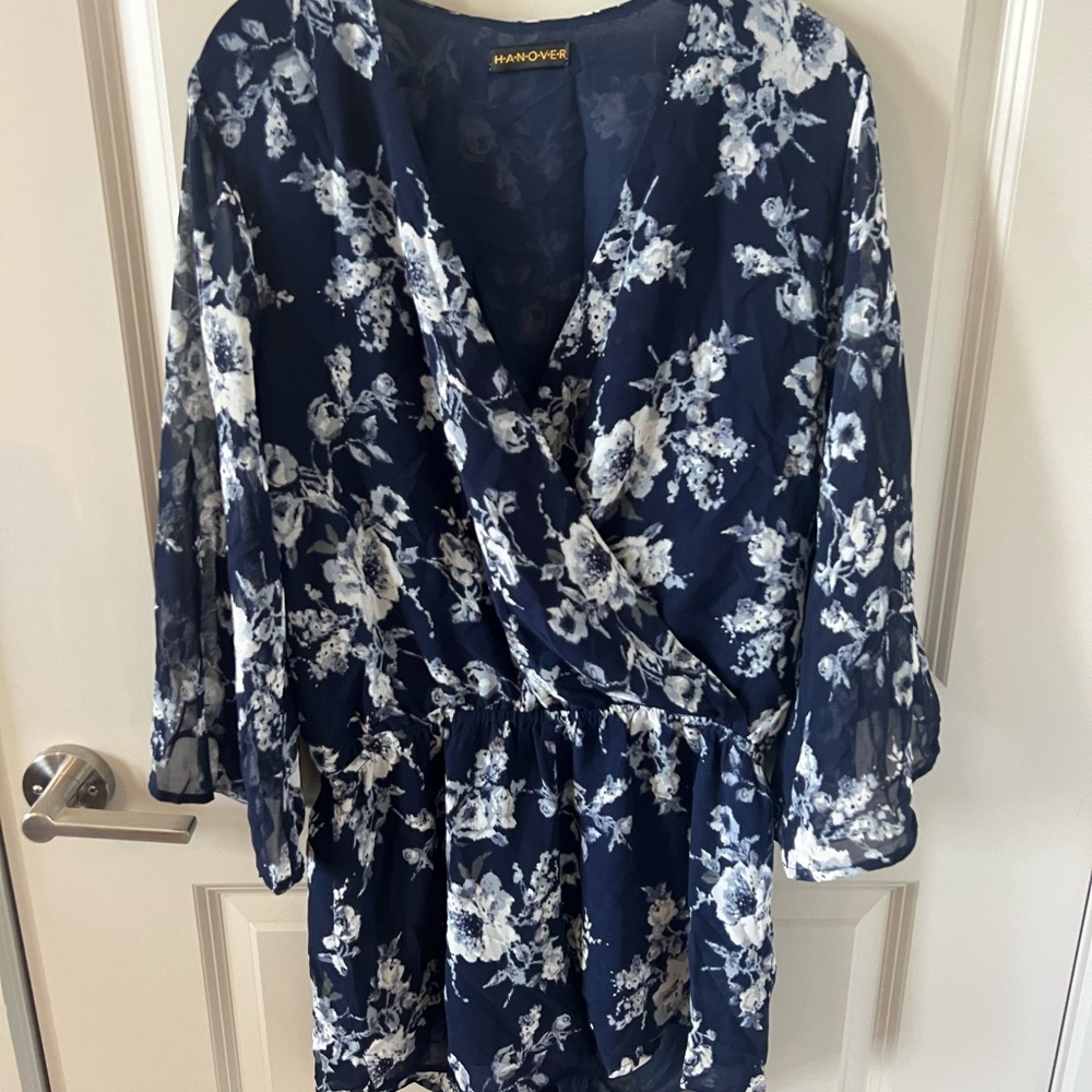 Navy and White Floral Wrap Romper